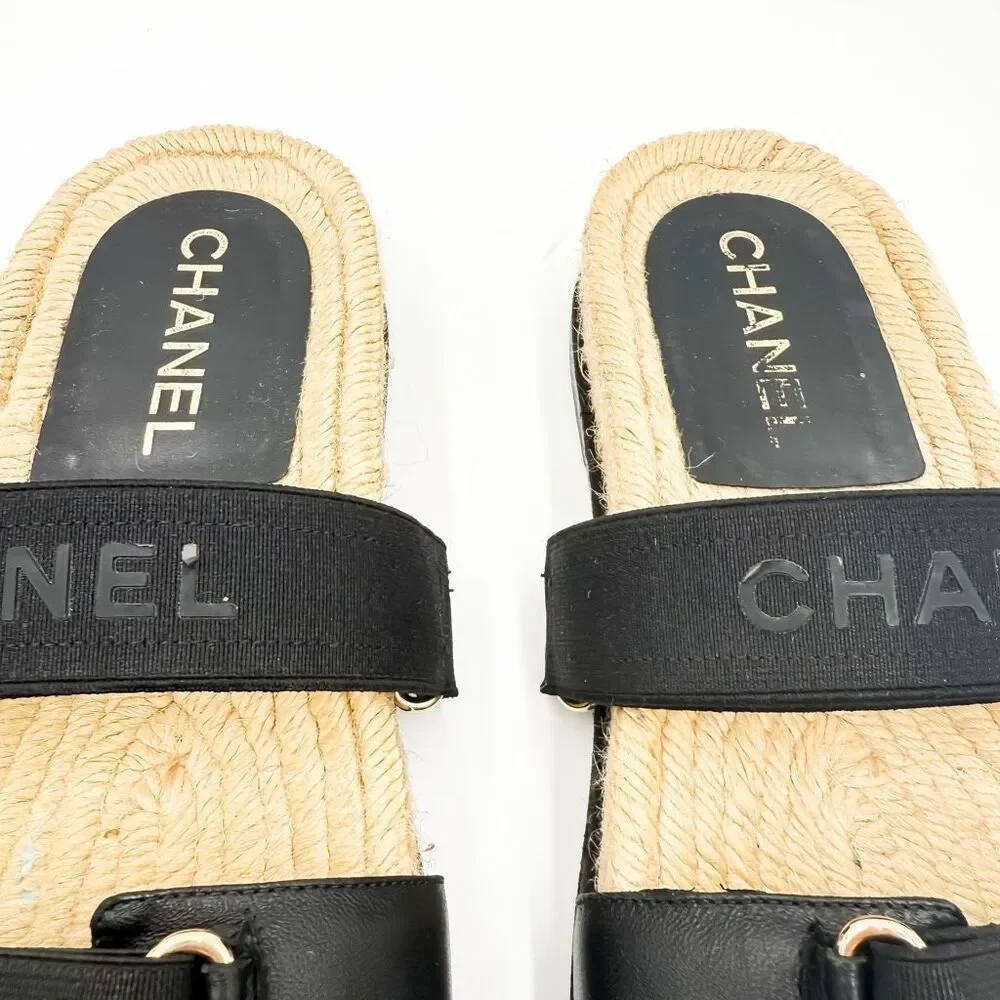 Chanel CC Monogram Black Sandals Espadrille Slides EU 37